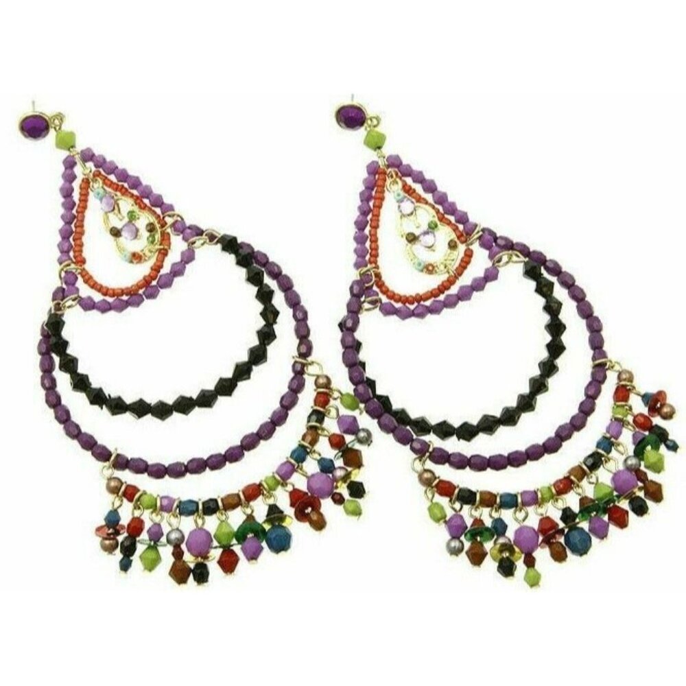 Beaded Oversized Extra Long Gypsy BOHO Hippie Rhinestone Purple Pink Earrings